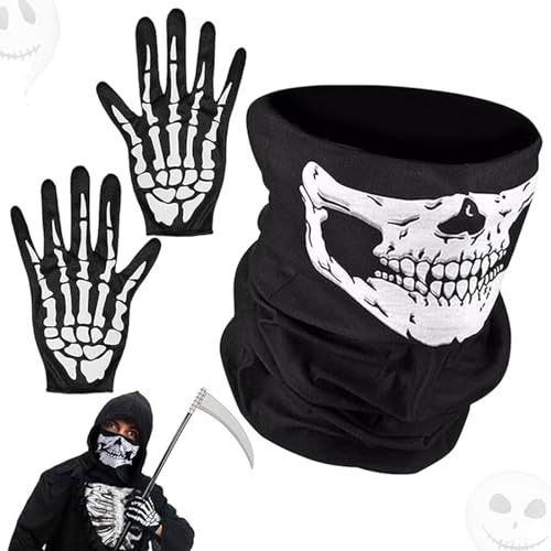JOKILY Skelett Maske Handschuhe, Schädel Gesicht Schlauch Maske, Skeleton Gloves Gesichtsmaske Full Face Skeleton Skull Ghostn Schwarz Weiß, Halloween Gesichtsmaske für Cosplay Kostüm Karneval