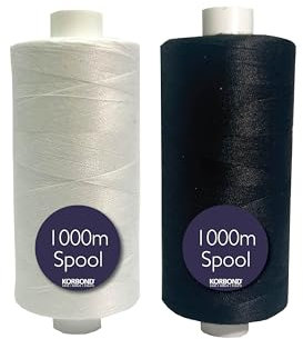 Korbond Nähgarn aus Polyester, 1000 m, für Hand und Maschine, Schwarz und Weiß