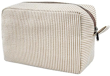 GFU Cosmetic Bags for Women, Seersucker Cosmetic Bag, Travel Toiletry Stripe Makeup Bag, Large Women Aesthetic Organizer Storage Pouch, Girls Handbags Purses, brown