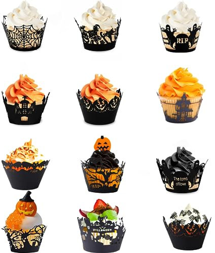KOBOKO Halloween Muffinförmchen Papier - Schwarze Spinnennetz-Hexenschloss-Backförmchen für Cupcakes und Deko (12 Stück)