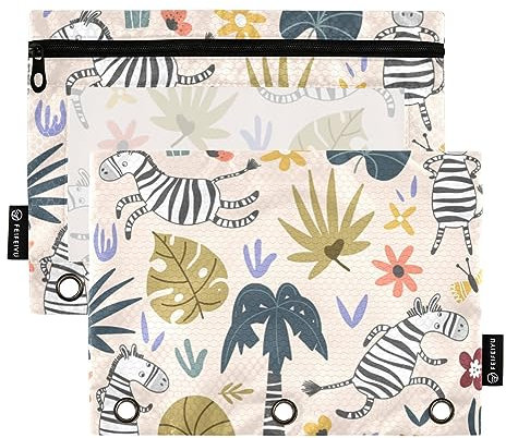 Mnsruu 2 Pack Binder Pouches,Tropical Zebra Ring Binders File Folders Pen Bag for Office School