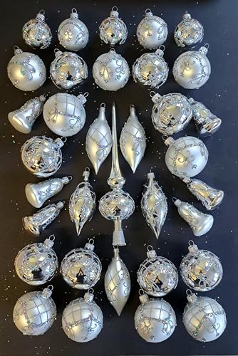 Christbaumschmuck 35-TLG. Set mit Oliven, in Silber-Weiß glänzend und matt, mit Volldekor liebevoll bemalt, Exklusiv
