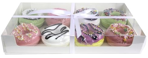Emartbuy Pack of 12 White Gift Box, 30 cm x 16 cm x 5 cm, Cakes Cupcakes Cookies Muffin Doughnut Petit Fours Pie Desserts Box with Clear Window and Ribbon
