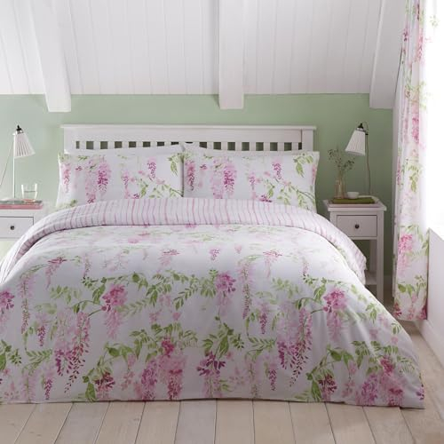 Dreams & Drapes - Pink Floral Wisteria Duvet Cover - Single (140 x 200cm) - Reversible (Purple Stripe) - Easy Care Washable - Flower Duvet Cover with Wisteria Design