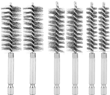 6pcs Stainless Steel Drill Brushes for Cleaning, 0.5/0.75/1 Wire Brushes for Drill Bore Brushes Copper Tube Pipe Cleaner with Hex Shank Round Nylon Bore Cleaning Brush Wire Brush Set for Power Drill