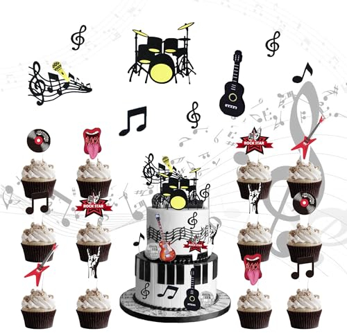Rock and Roll Cake Decorations - Music Birthday Cake Decorations Includes Guitar Cake Topper Disco Cupcake Toppers Musical Notes Decorations for Music Party Decoration Baby Shower