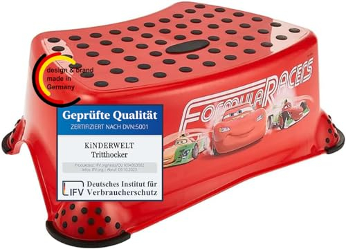 KiNDERWELT Premium Tritthocker für Kinder und Babys, Cars Design in Rot, Tritthocker Stufe für Kleinkinder ab 18 Monaten, abwischbar, rutschfest und BPA-frei