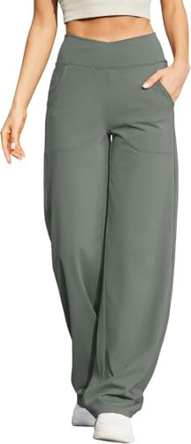 G4Free Yogahose Damen Lang Weite Jogginghose Hohe Taille Crossover Elegant Straighthose Bauchkontrolle Schlaghose Sporthose mit Taschen(Lang,Grauer Salbei,XXL)