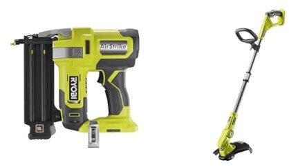 RYOBI R18GN18-0 18V ONE Plus Cordless 18 Gauge Nailer Bare Tool, One Size, Hyper Green & OLT1832 ONE+ Cordless Grass Trimmer, 25-30cm Path (Zero Tool), 18 V