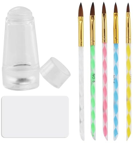 5pcs Acrylic Nail Brush Set with Clear Silicone Jelly Stampe For Acrylic Powder, Nail Varnish Brush For Gel Polish, Design Nail Art Parting UV Gel DIY Brush Pen Nail Art Drawing Tool Set NO.2/4/6/8/10