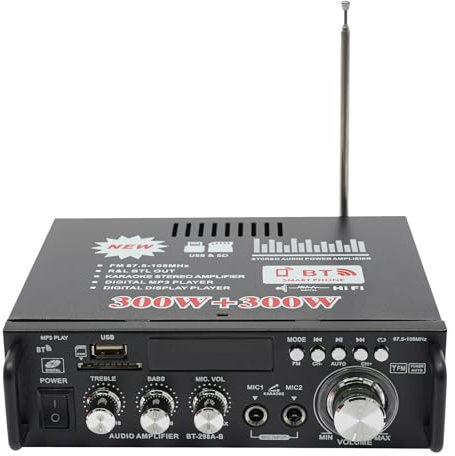Mini Bluetooth HiFi Verstärker 12V/ 220V 300W Stereo Mini Audio Receiver Verstärker 2 Kanäle USB/SD/Bluetooth/MP3 Karteneingang für Hause Cafés bei Geschäftstreffen oder im Handel