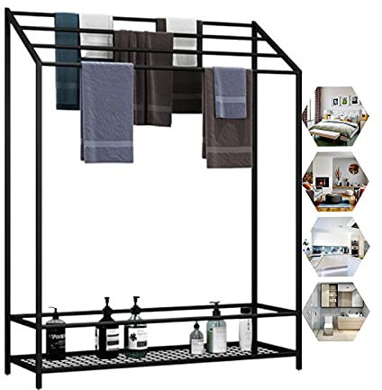 Badezimmer Handtuchhalter 4 Stangen Metall Freistehend mit Ablage, Ohne Bohren, Kleiderständer Handtuchtrockner, Stabil & Rostfrei, Ohne Bohren