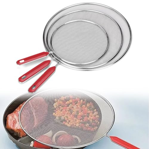 BAOSROY Protector Salpicaduras Cocina,3pcs Antisalpicaduras Cocina,Pantalla Antisalpicaduras,Tapa Antisalpicaduras con Mango,Protector Pantalla Antisalpicaduras Acero Inoxidable