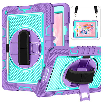 ERDARARIPRO Custodia per tablet Apple iPad 9.7 (2017/2018) 9,7 pollici, custodia antiurto con supporto girevole a 360° e cinturino da polso, tracolla viola e verde menta