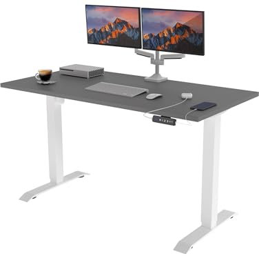 POKAR Höhenverstellbarer Schreibtisch Höhenverstellbar Elektrisch Bürotisch mit Tischplatte (Weiß + Dunkelgrau, 140 x 60)
