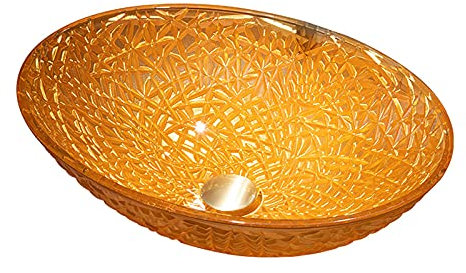 HKFJSH Bathroom Vessel Sink with Drain Combo, Countertop Bathroom Sink Bowl Glass Oval Vanity Sink Bowl On the Top Modern Art Vessel Bowl Sink, Does Not Include Faucet, Orange