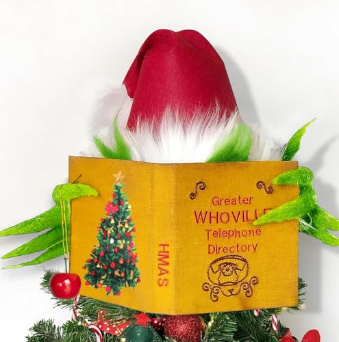 Whoville Christmas Tree Topper, Whimsical Christmas Tree Decorations Funny Elf Hiding Behind Book, Farmhouse Xmas Party Decorations Plush Ornaments for Table Mantel Porch