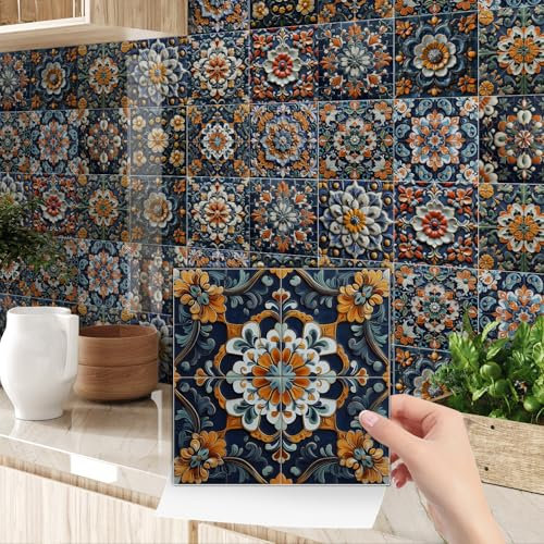 Mosaikfliesen Retro Orange Blume Fliesenaufkleber PVC Hitzebeständig Tile Sticker Wasserdicht Klebefliesen Küche Ölfest Fliesenaufkleber Bad Badezimmer Selbstklebende Fliesen 10x10cm/24 pcs