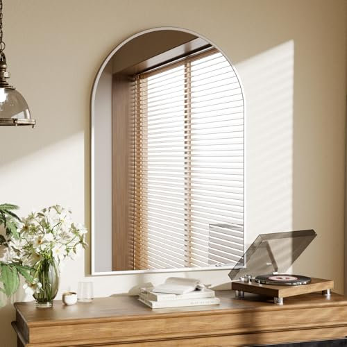 Koonmi Spiegel Weiß 66×96cm Dekorative Wandspiegel Bogen Halbkreisförmig Spiegel, Weiß Wandspiegel Badspiegel mit Aluminiumrahmen für Badezimmer Flur Wohnzimmer, Schlafzimmer