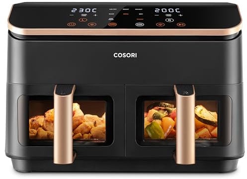 COSORI Friggitrice ad Aria Doppio Cestello Digitale, 8,5L Grande Capacità, Funzione 8 in 1, 35-230°C, Finestra, con Ricette Online, CAF-R903, Oro