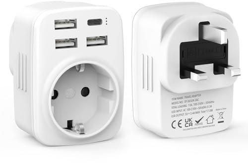 【2 Pièces】 Adaptateur Prise Anglaise, Prise Anglaise Adaptateur Francais avec 3USB A et 1USB C, Adaptateur Voyage 5 en 1 Prise Anglaise/UK vers France pour UK,L'Irlande,Singapour,Dubai,Type G