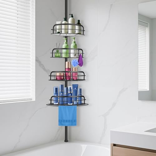 BlumWay Étagère d'angle de douche, installation rapide, sans perçage, antirouille pour salle de bain, shampooing, étagères réglables à 4 niveaux, convient pour une hauteur de 81,3 à 290 cm