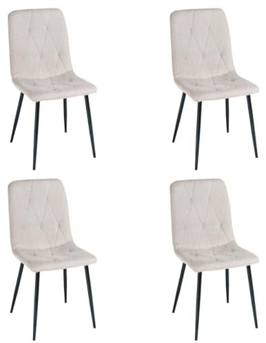 LOLAhome - Pack de 4 sillas de Comedor o Cocina Lina Rombos Beige tapizadas en Lino con Patas metálicas Negras