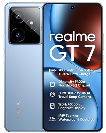 realme GT 7 5G Smartphone 12+512GB, IceSense Blue, 6.78 inch écran, 120Hz Display, 7000mAh Batterie, 50MP 2X caméra, MediaTek Dimensity 9400e chipset, IP69