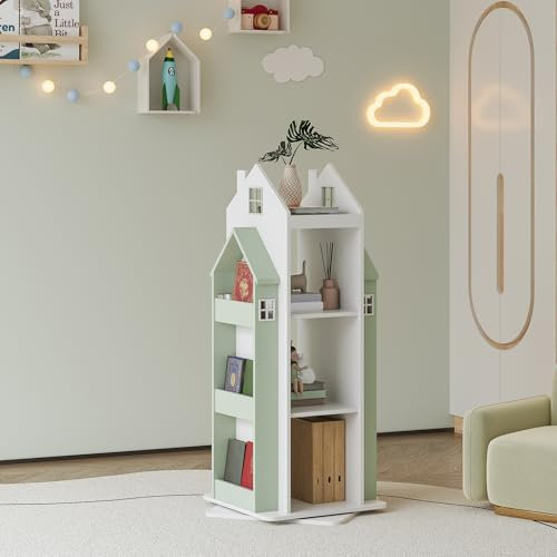 [en.casa] Drehbares Bücherregal für Kinder Vipsali Spielzeugregal in Hausoptik Drehregal mit Aufbewahrungsregal 108 x 40 x 40 cm Mintgrün/Weiß