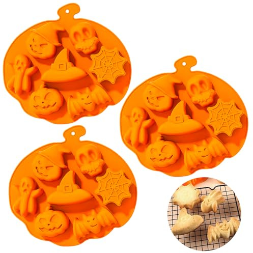 KEELYY 3 Stück Halloween Backform, Totenkopf Silikonform Kürbis Fledermaus Hexe Schädel Geisterform Backform, Halloween 3D Kuchenbackform für Küche DIY Backen