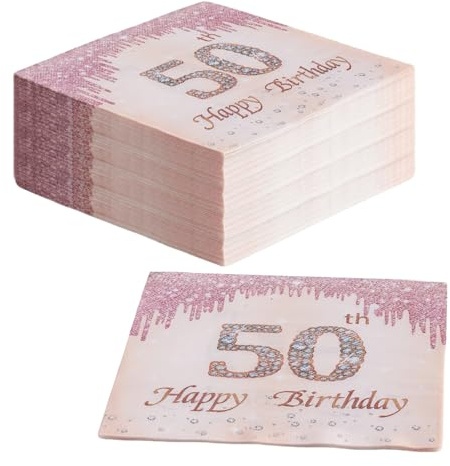 Servietten 50. geburtstag, 60 Stück Rose-Gold Servietten, Happy Birthday 50 Servietten, 2-Lagig Milestone 50 Tischdekoration Papierservietten für Frau Geburtstag Feiern Party Jubiläum