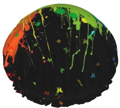 Glow In Dark Splatter Neon Shower Cap Reusable Double Waterproof Layers Bathing Shower Hat Hair Protection Shower Hat