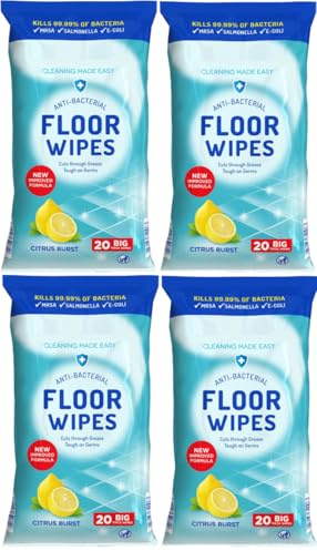 Floor Cleaning Wipes, 80 Wipes, 4 x 20, Citrus Burst | Thick large wipes for laminate, tile and hard floors, cut through grease and grime