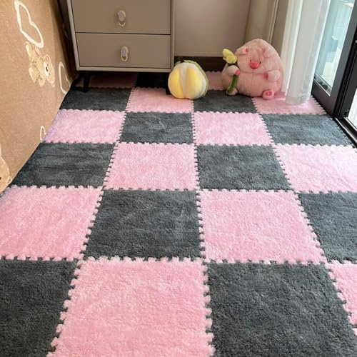Hiseng 12 Stück Ineinandergreifende Teppichfliesen, Teppichfliesen Selbstliegend Puzzle Plüisch Bodenfliesen Ohne Kleben Puzzlematten für Schlafzimmer (Rosa/Grau,30x30cm)