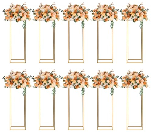 FROPIJ 10er-Set Blumenständer Gold, 60/80cm Metall Pflanzenständer Hoch Geometrische Blumensäule, Metall Rechteckige Vase für Hochzeit Herzstück Tische (27x27x80cm)