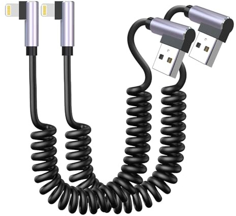 90 Degree Apple Carplay Cable [2 Pack],Right Angle Coiled iPhone Charger for Car [Mfi Certified & Data Sync] Coiled Lightning Cord for Iphone14/13/12/11pro Max/Xs Max/Xr/Xs/X/8/7/Plus/6sIpad /iPod