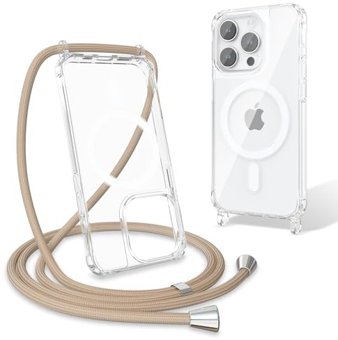 UCASONG Magnetic Clear Case with Lanyard for iPhone 14 Pro, Khaki | 6.1-Inch, Compatible with MagSafe, Clear Hard Back+Soft Bumper, Adjustable Crossbody Strap, Shockproof Protective Phone Cover
