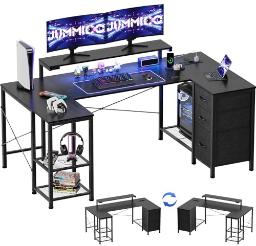 JUMMICO Gaming Schreibtisch Eckschreibtisch L-Form, 170x95cm mit LED-Beleuchtung, höhenverstellbarem Monitorständer, 3 Schubladen, 2 Steckdosen & 2 USB, Schreibtisch aus Stahl und Holz,Schwarz
