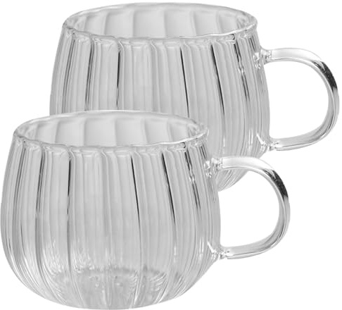 Odoukey 2PCS Glass Coffee Mugs with Handle Vertical Stripe Simple Pumpkin Cup, Tea Cup Soup Mug for Coffee Tea Milk Juice Ice Thanksgiving