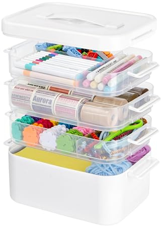 Creahaus 4 Layers Multipurpose Storage Box Organiser with Removable Trays, Stackable Art Craft Storage Box Case with Handle, Portable Medicine Box Storage Containers for Sewing, Arts, Crafts