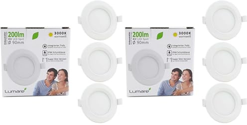 Lumare LED Einbaustrahler 4W | Ultra flach, 29mm Einbautiefe | Ø68mm Bohrlochdurchmesser | Spot Wohnzimmer, Badezimmer | Einbauleuchte Weiß Rund | 230V | IP44 Warmweiß 3000K | 3er Set (Packung mit 2)