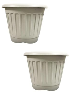 ORGANIZED set of 2 large round plastic garden planters, durable and lightweight with drainage holes. Ideal for indoor or outdoor use on patios, balconies, or gardens. (Platinum, 40cm)