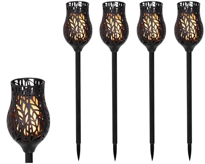 Lumineo Solar LED Beleuchtung Fackel 42cm Kunststoff Flammenlicht 4er Set - Gartenfackel Solarleuchte Garten - Stablampe Außenleuchte Gartenleuchte - Solarlampen Wegeleuchte Stableuchte - Schwarz
