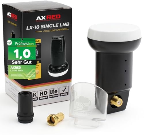 [ Test SEHR GUT, Note 1.0 *] AXRED Single LNB + Wetterschutzhaube + F-Stecker, Digital 1Fach 4K HD LMB für 1 Teilnehmer mit Wetterschutz, für Fernseher Sat Receiver Satellitenschüssel, LNC