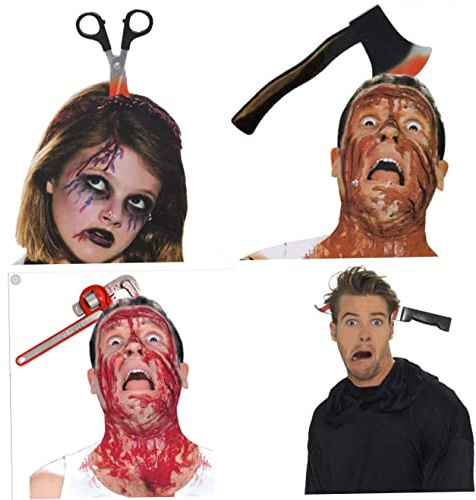 Costume di Halloween Fasce Spaventose 4 Confezioni Gomma Plastica Taglierina Ascia Mannaia e Forbici Attraverso la Testa Accessori Zombie Trucco per Adolescenti Uomini Donne Adulti Liquidazione Hallo