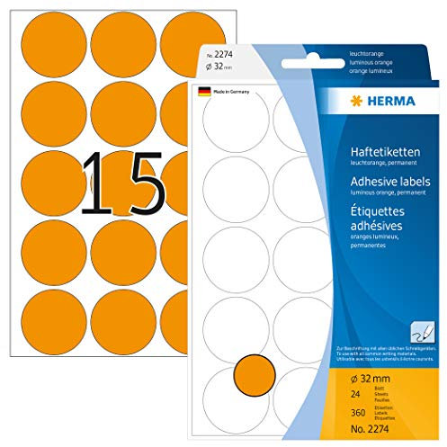 HERMA 2274 Punktaufkleber Klebepunkte leuchtorange, 360 Stück, Ø 32 mm, 15 pro Bogen, selbstklebend, Markierungspunkte für Kalender Planer Basteln, matt, blanko Papier Farbpunkte Aufkleber