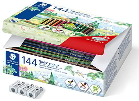 STAEDTLER Buntstifte Noris colour, rutschfeste Soft-Oberfläche, hohe Bruchfestigkeit, Made from Upcycled Wood, Sechskantformat, Set mit 144 Stiften in 12 intensiven Farben und 3 Spitzer, 185 C144