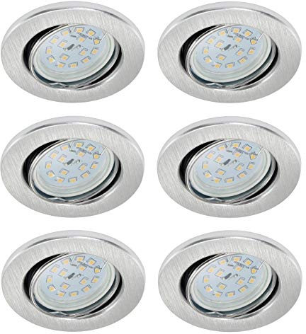 Trango 6er Pack 6729-069MO Einbaustrahler, Einbauleuchte, Deckenlampe aus ALU gebürstet in Rund inkl. 6x 5 Watt LED Modul nur 30mm Einbautiefe Deckenleuchte, Einbauspots Deckenpampe