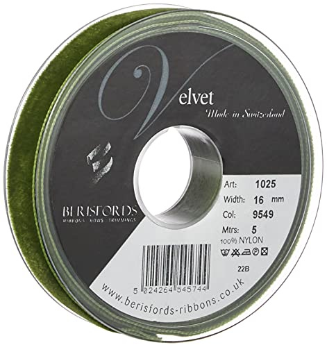 Berisfords Velvet Ribbon Moss 21mm x 10m - Nylon Craft Ribbon for Sewing, Gift Wrapping and Hair Accessories