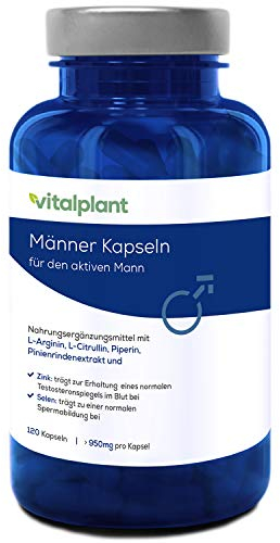 Vitalplant® Männer Kapseln mit hochdosiertem L-Citrullin und Pinienrindenextrakt | 120 Kapseln im Monatsvorrat | Mehr Leistungsfähigkeit, Ausdauer, Sperma | Made in Germany